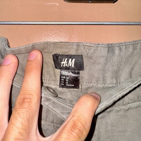 H&M 100% Linen Taupe Green Women's Pants - Size 12 - Excellent Condition - Picture 2 of 9